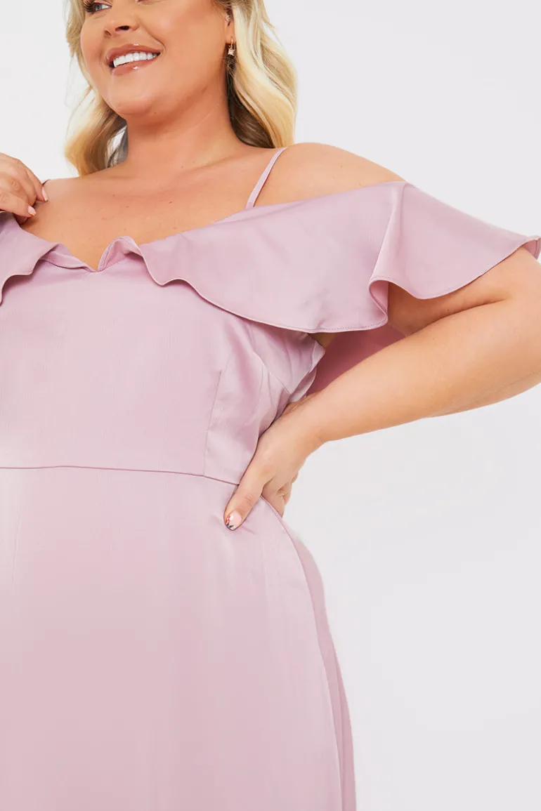 Satin Frill Off The Shoulder Maxi Dress