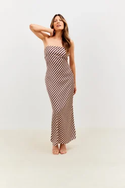 Satin Stripe Bandeau Maxi Dress