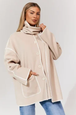 Scarf Detail Contrast Stitching Wool Blend Coat