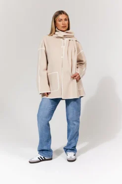 Scarf Detail Contrast Stitching Wool Blend Coat