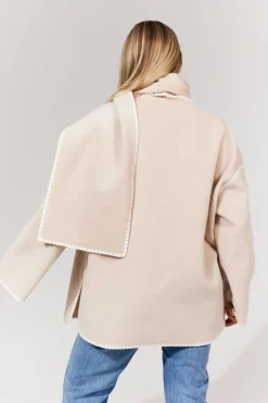 Scarf Detail Contrast Stitching Wool Blend Coat