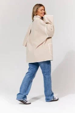 Scarf Detail Contrast Stitching Wool Blend Coat