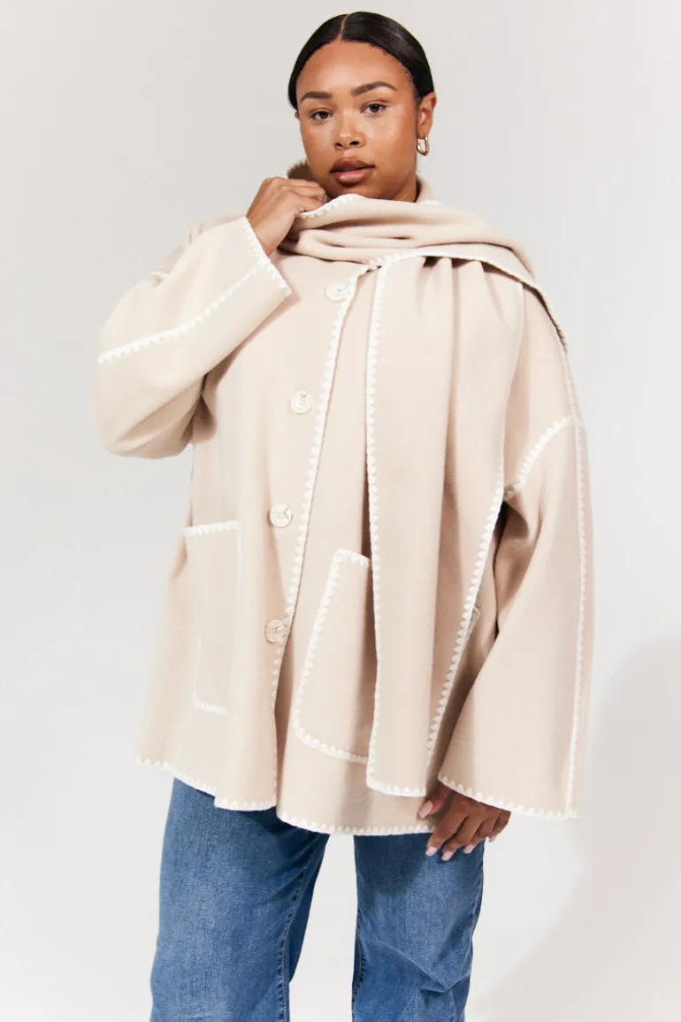 Scarf Detail Contrast Stitching Wool Blend Coat