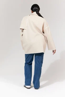 Scarf Detail Contrast Stitching Wool Blend Coat