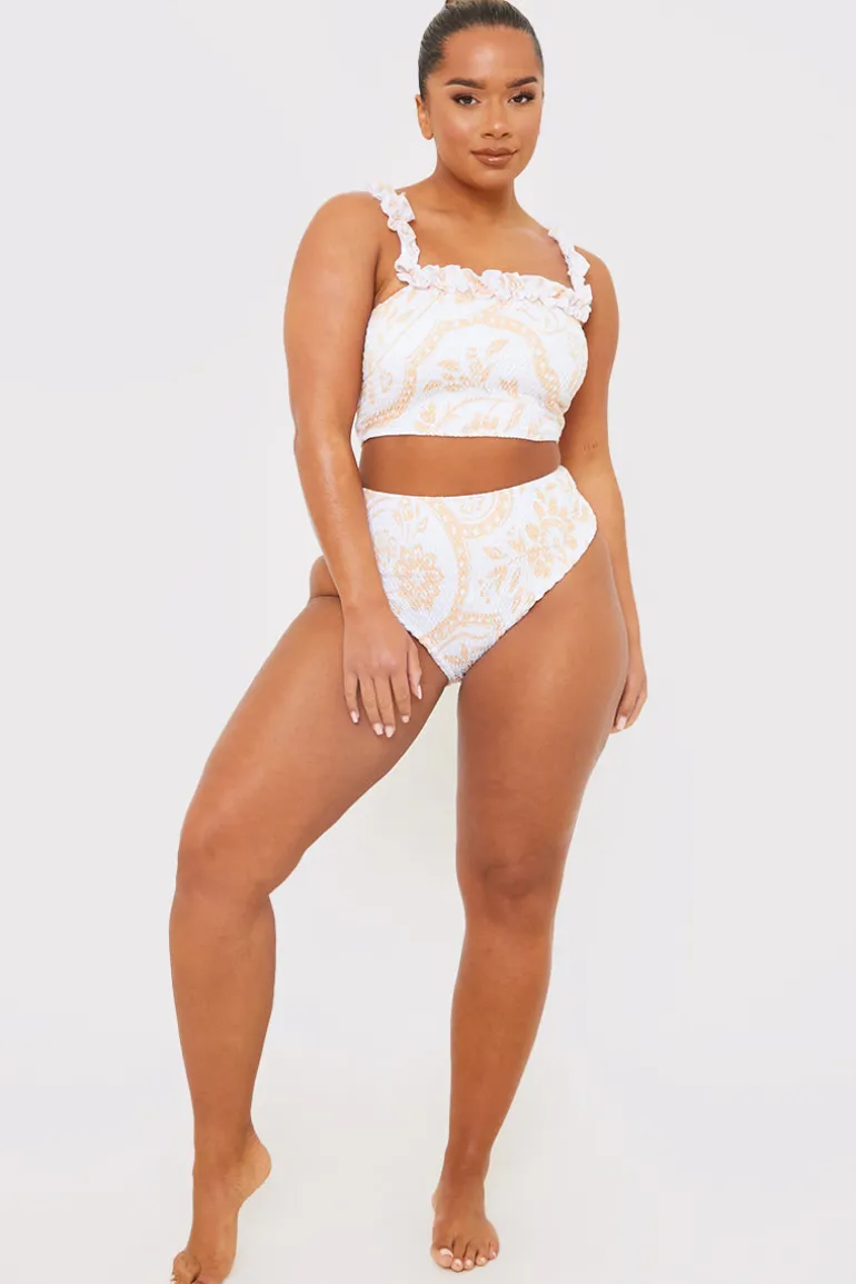 Scarf Print Ruffle Bardot Shirred Bikini Top