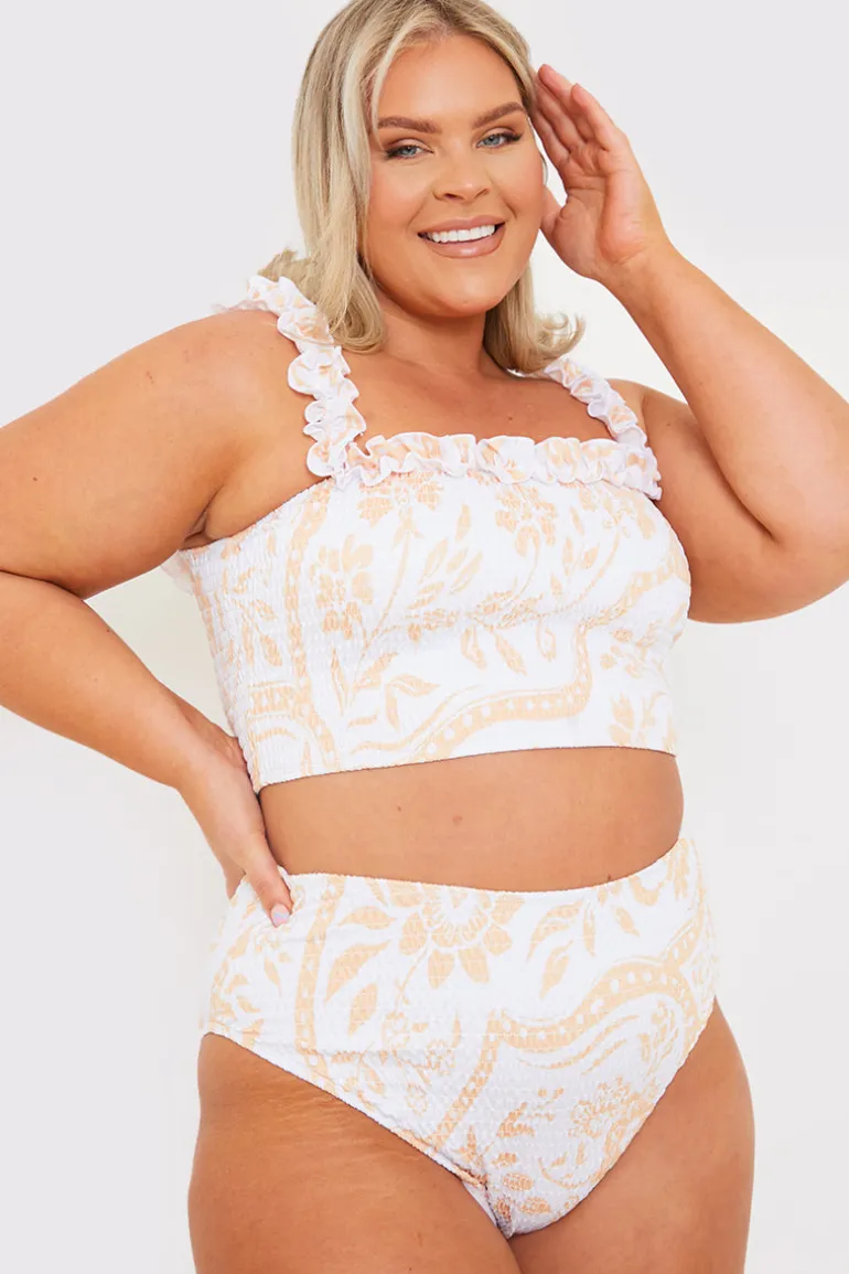 Scarf Print Ruffle Bardot Shirred Bikini Top