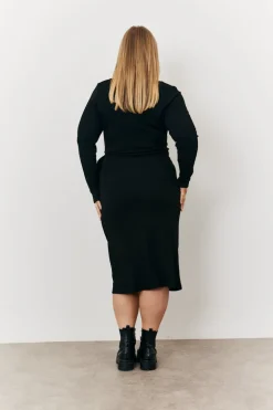 Scoop Neck Ribbed Long Sleeve Bodycon Wrap Midi Dress