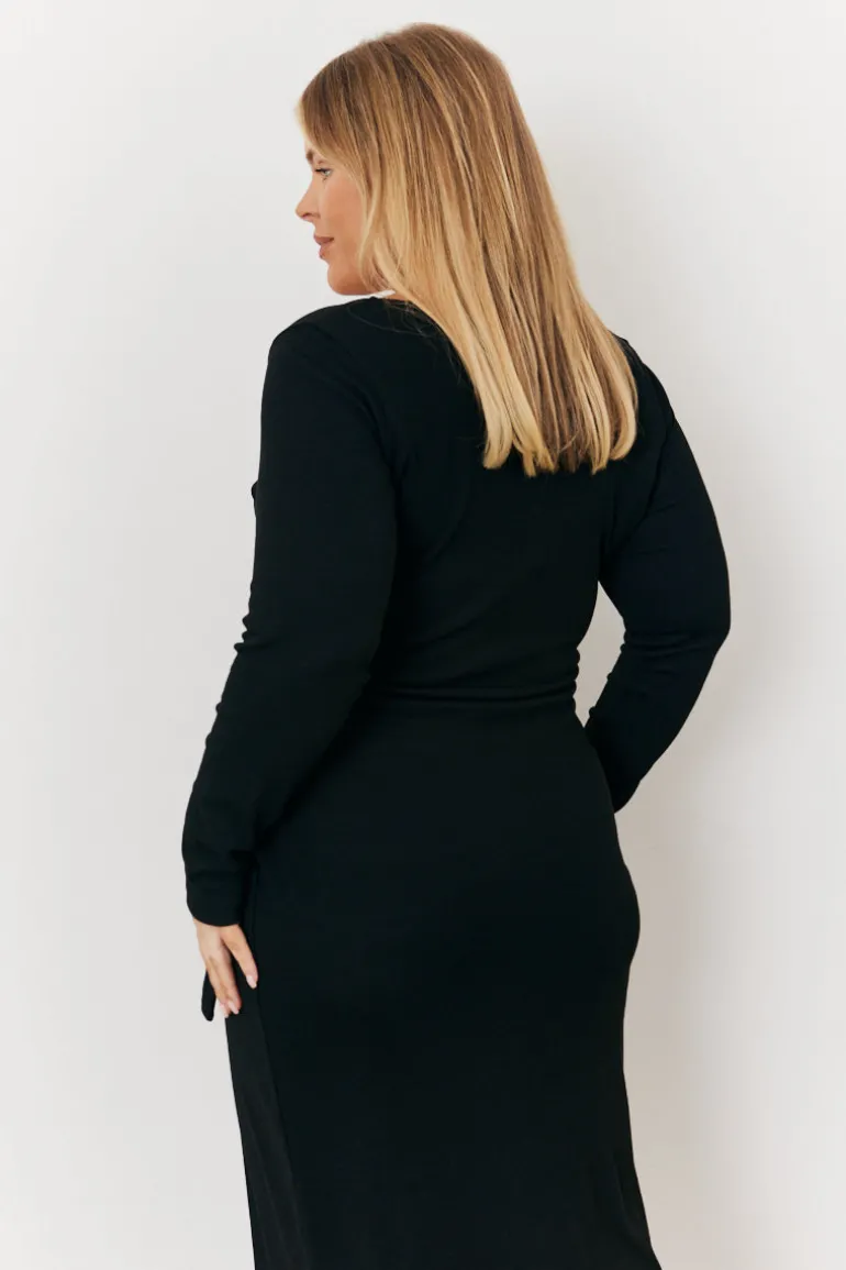 Scoop Neck Ribbed Long Sleeve Bodycon Wrap Midi Dress