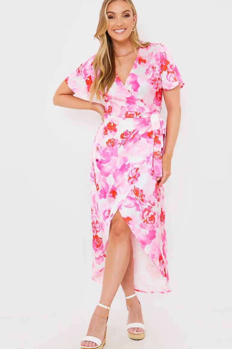 Short Sleeve Satin Wrap Belted Midaxi Dress