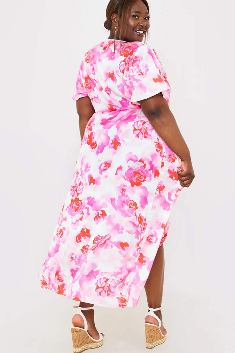 Short Sleeve Satin Wrap Belted Midaxi Dress