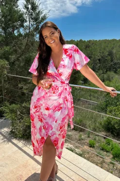 Short Sleeve Satin Wrap Belted Midaxi Dress