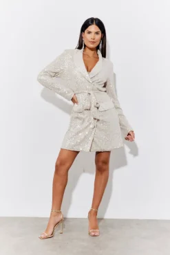 Silver Sequin Belted Blazer Dress