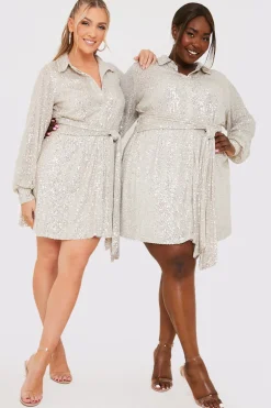 Silver Sequin Tie Drape Dress