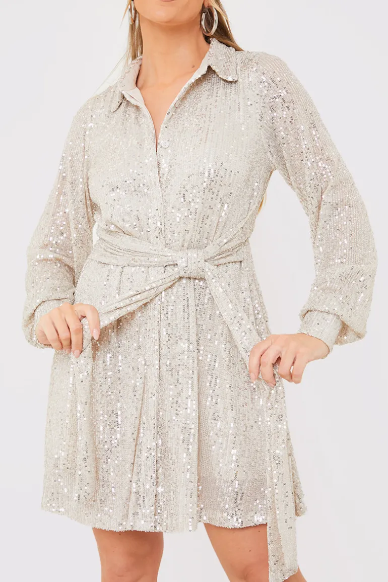 Silver Sequin Tie Drape Dress