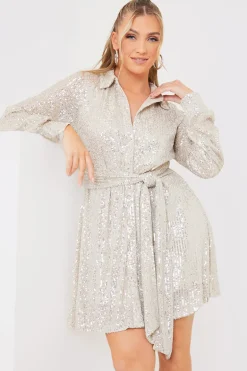 Silver Sequin Tie Drape Dress