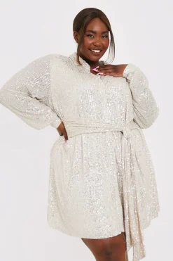 Silver Sequin Tie Drape Dress