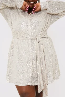 Silver Sequin Tie Drape Dress