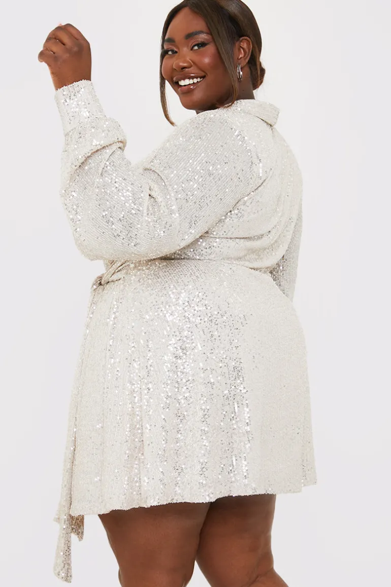 Silver Sequin Tie Drape Dress