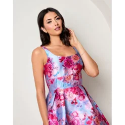 Sleeveless Floral Fit and Flare Midi Dress in Blue