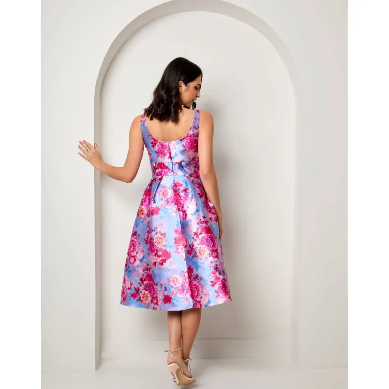 Sleeveless Floral Fit and Flare Midi Dress in Blue