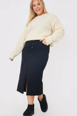 Split Hem Denim Midi Skirt