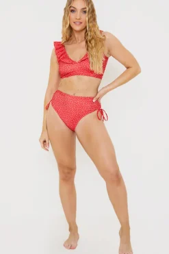 Spot Print High Waisted Bikini Bottoms With Ruched Sides
