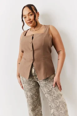 Stone Square Neck Longline Waistcoat