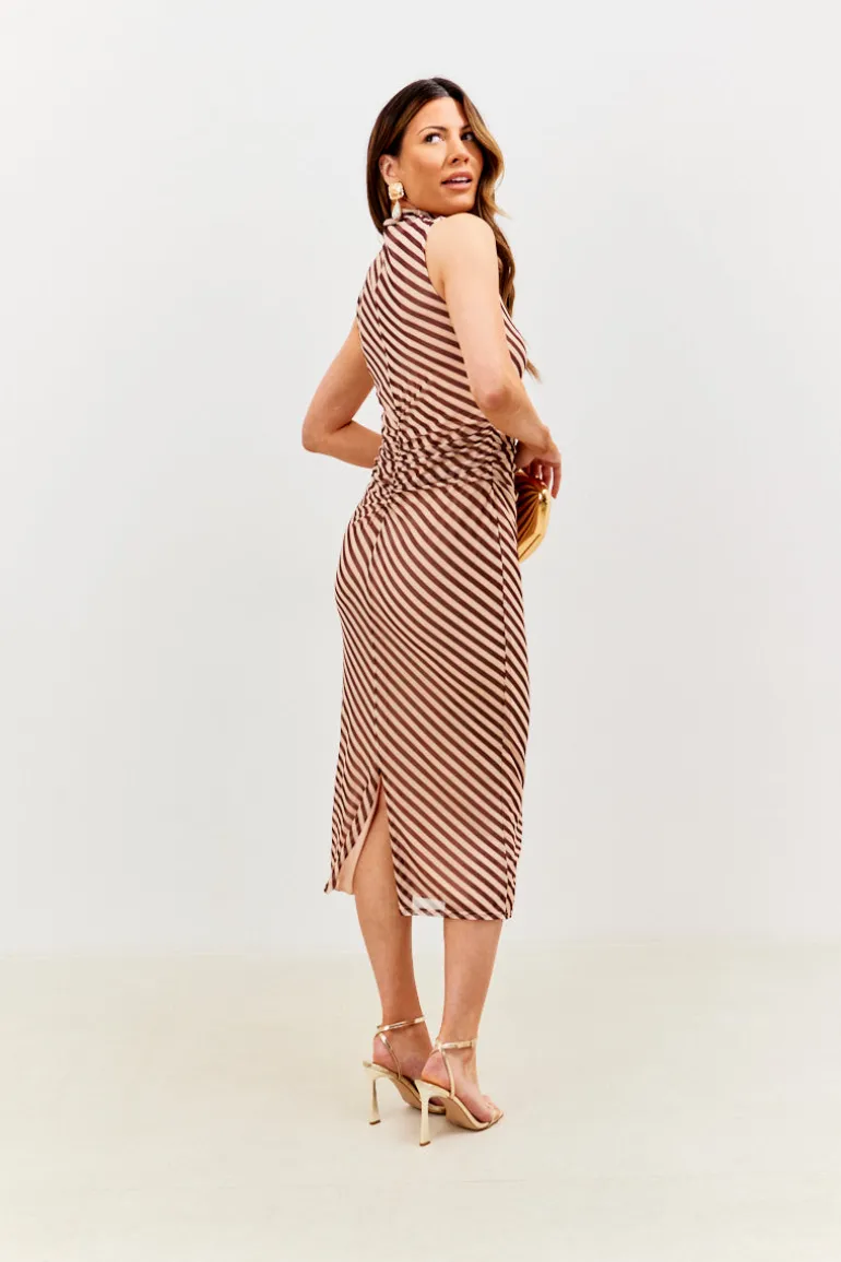 Stripe Printed Mesh Bodycon Midaxi Dress