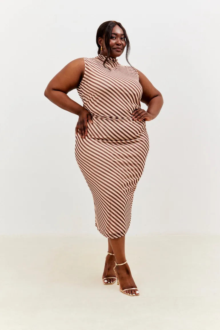 Stripe Printed Mesh Bodycon Midaxi Dress