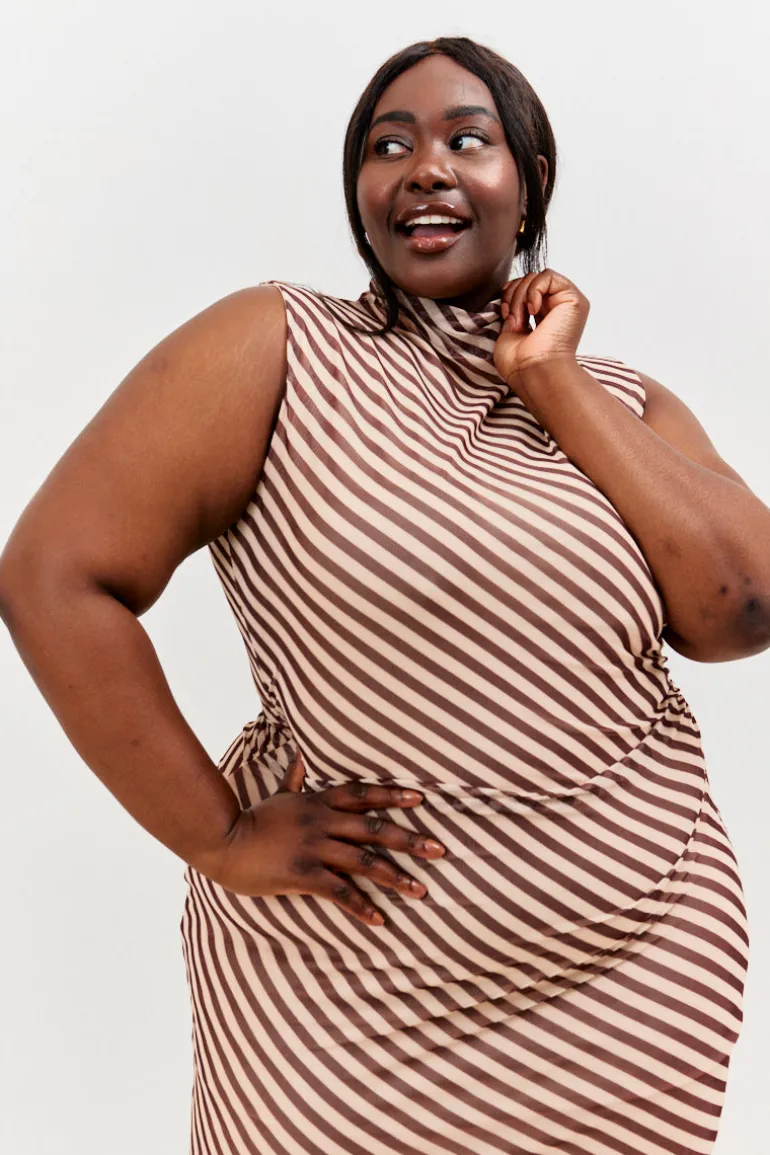 Stripe Printed Mesh Bodycon Midaxi Dress