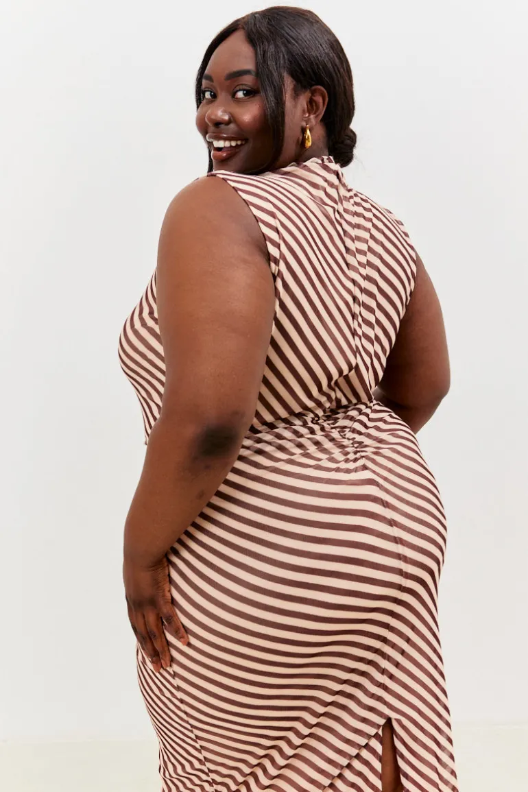 Stripe Printed Mesh Bodycon Midaxi Dress