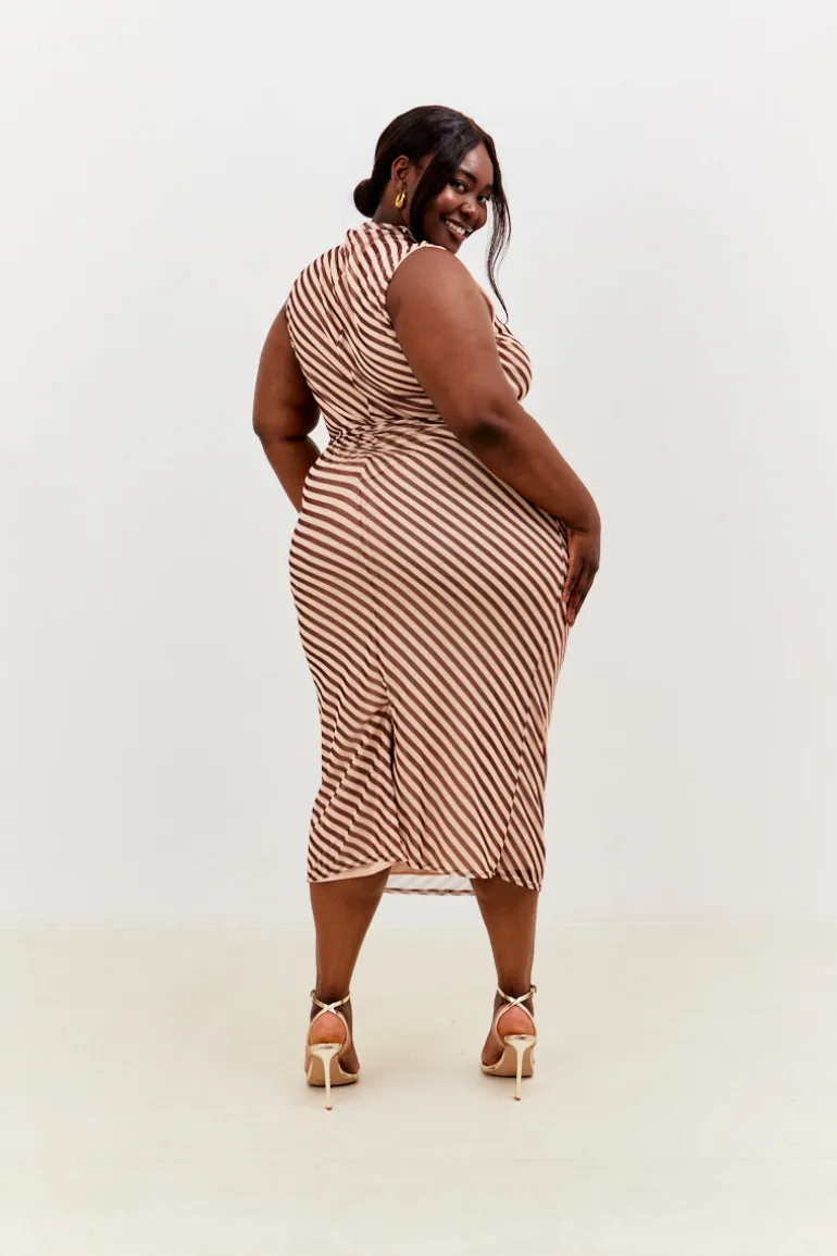Stripe Printed Mesh Bodycon Midaxi Dress