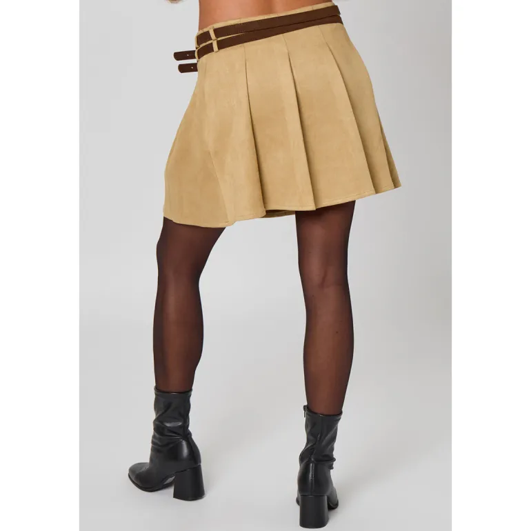 Suede Belted Pleated Skirt