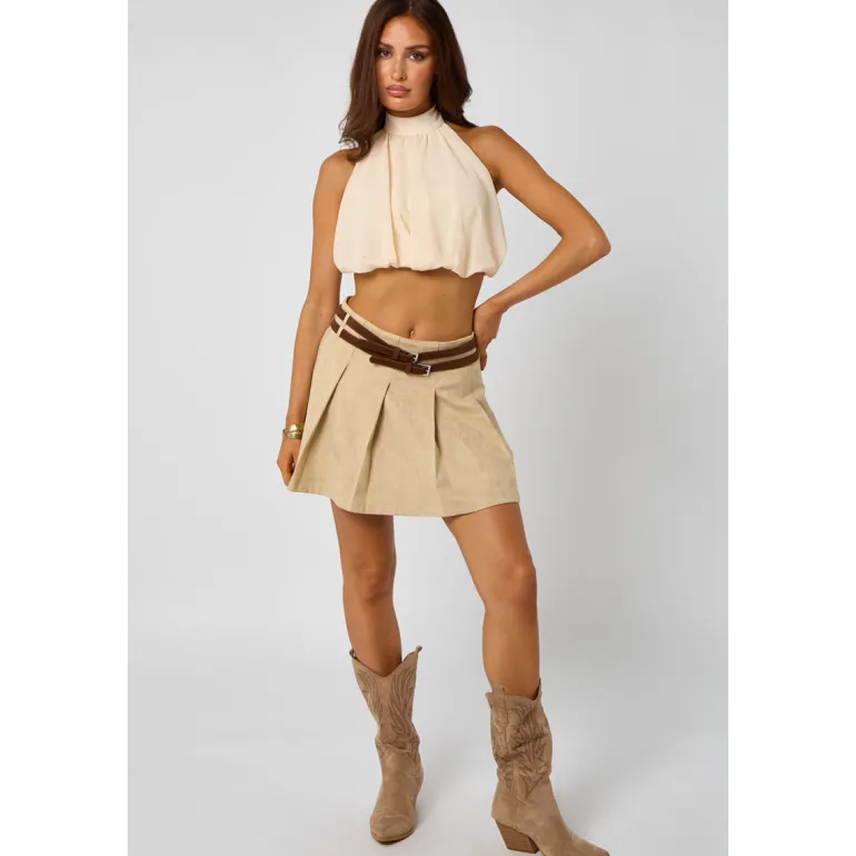 Suede Belted Pleated Skirt