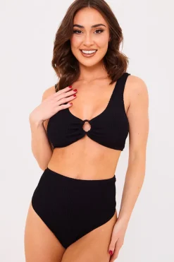 Textured Crinkle Scoop Neck Ring Detail Bikini Top