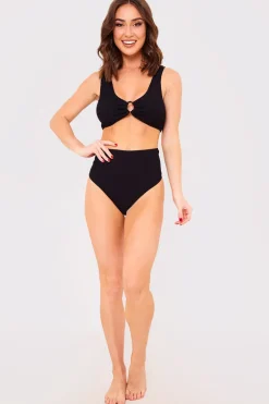 Textured Crinkle Scoop Neck Ring Detail Bikini Top