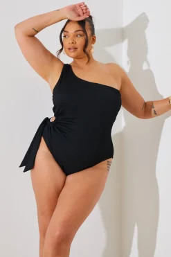 Textured Cut Out Side Detail One Shoulder Swimsuit
