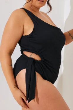 Textured Cut Out Side Detail One Shoulder Swimsuit