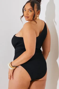 Textured Cut Out Side Detail One Shoulder Swimsuit