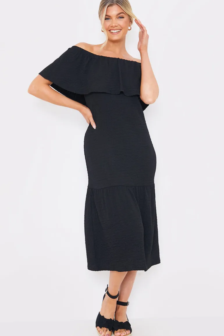 Textured Frill Bardot Midi Dress
