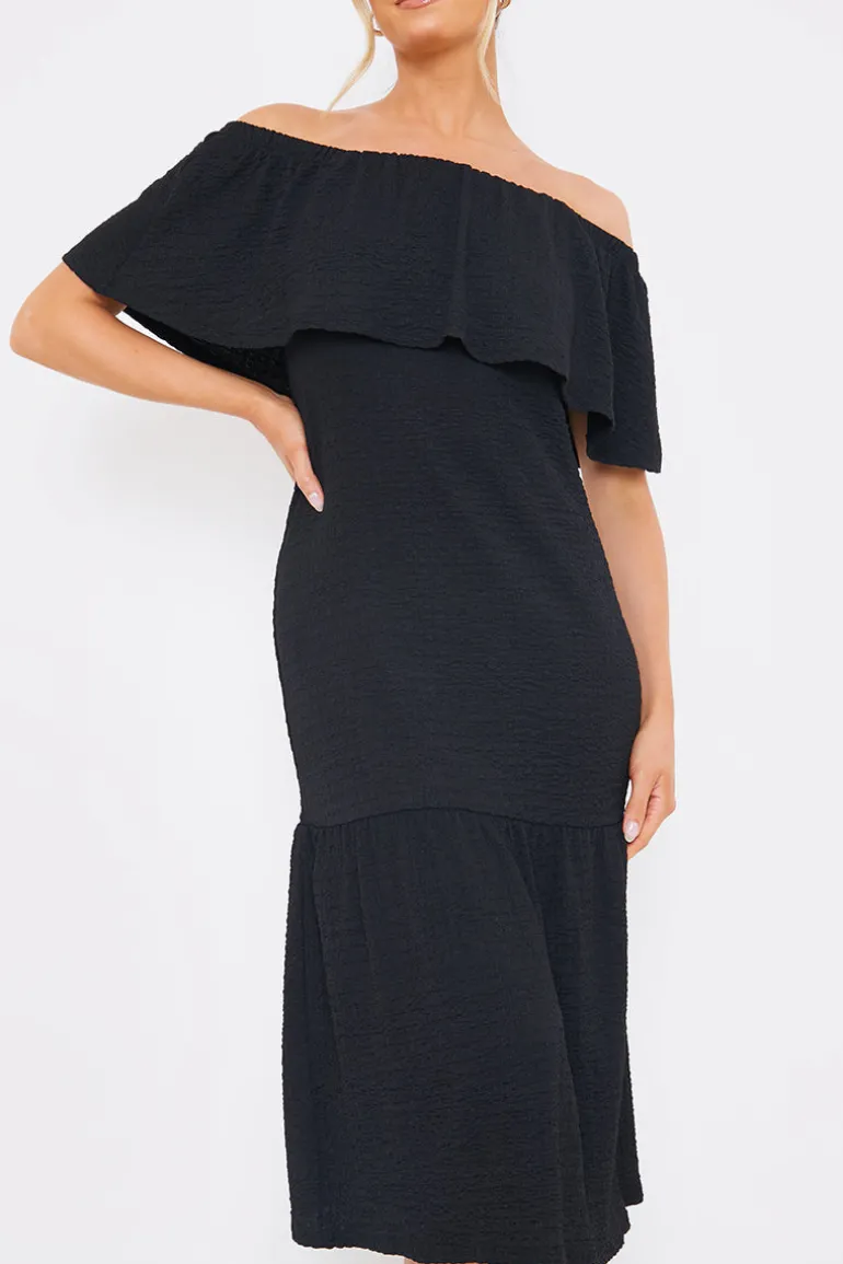 Textured Frill Bardot Midi Dress