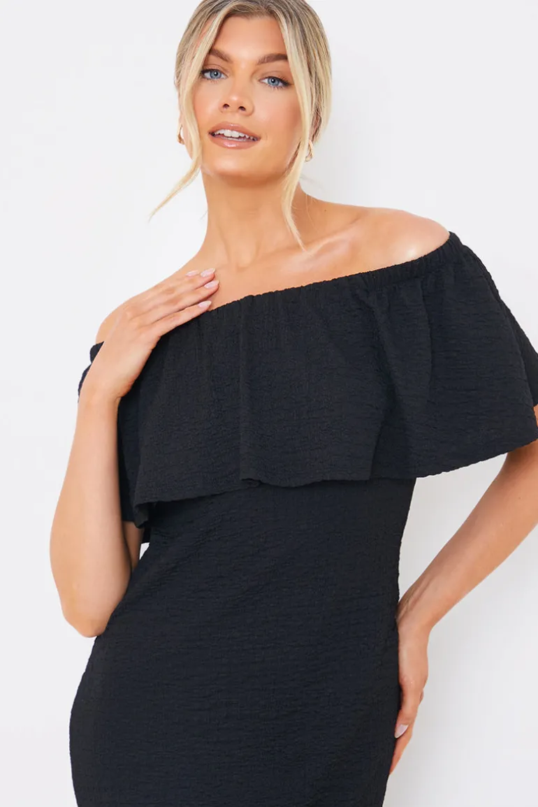 Textured Frill Bardot Midi Dress
