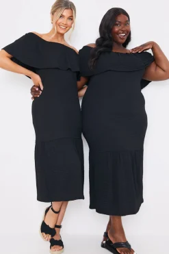 Textured Frill Bardot Midi Dress