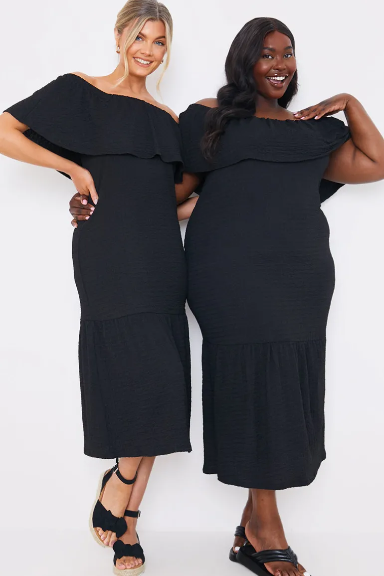 Textured Frill Bardot Midi Dress