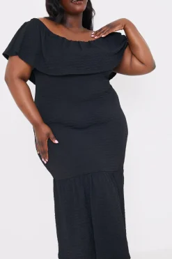 Textured Frill Bardot Midi Dress