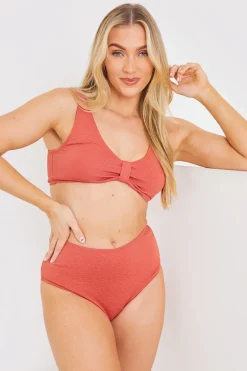 Textured Knot Front Detail Bikini Top