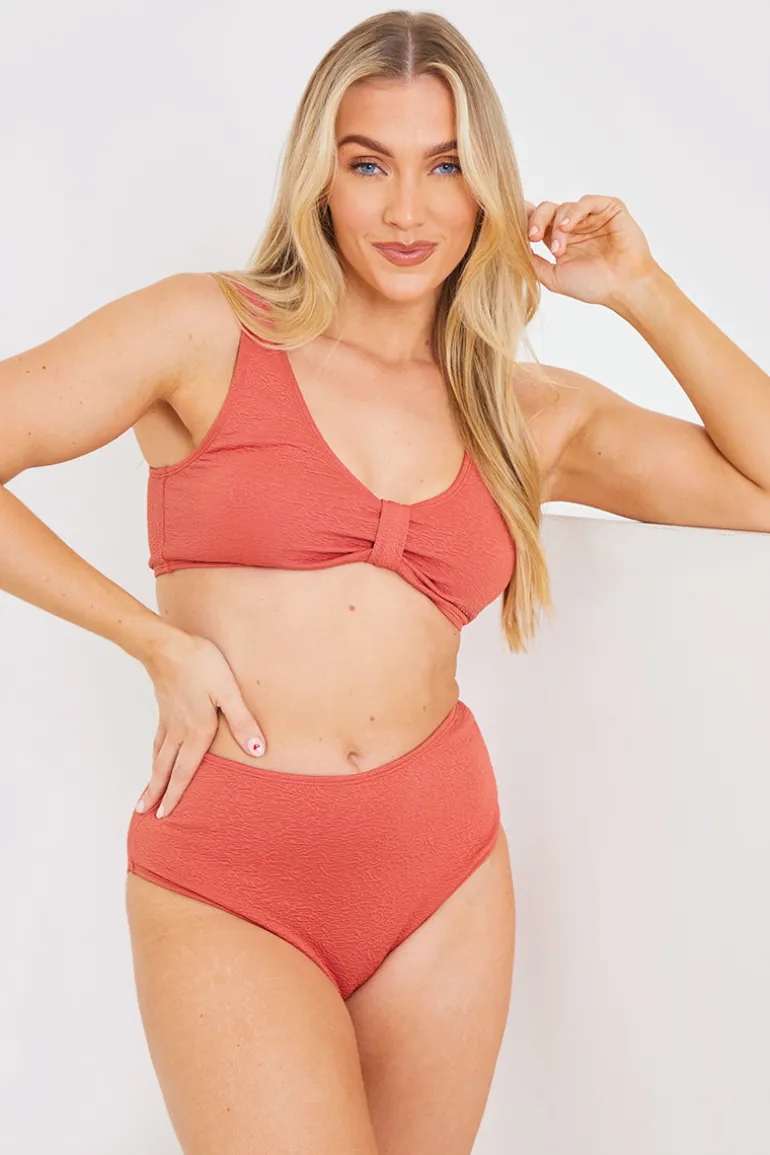 Textured Knot Front Detail Bikini Top