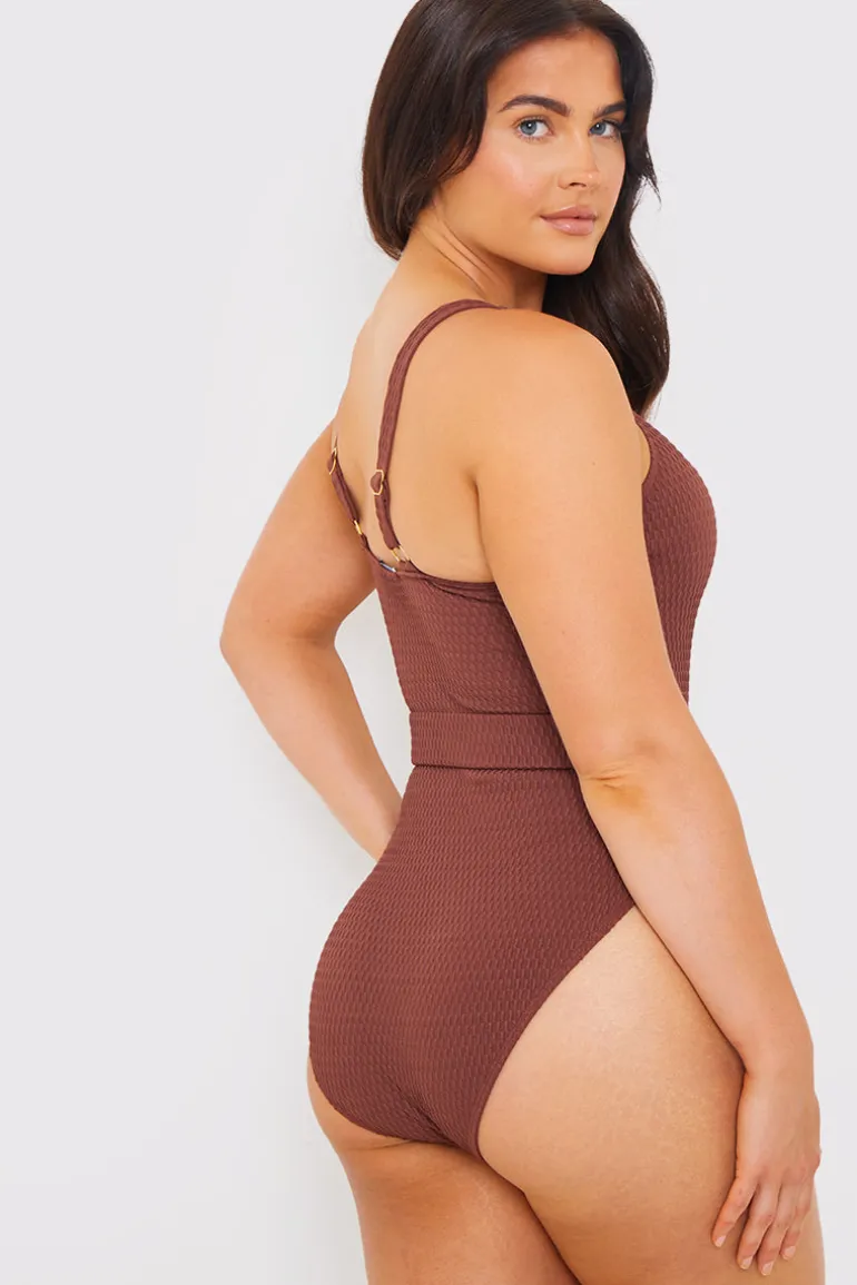 Textured Sweetheart Neckline Belted Swimsuit