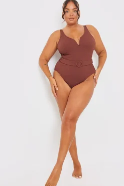 Textured Sweetheart Neckline Belted Swimsuit