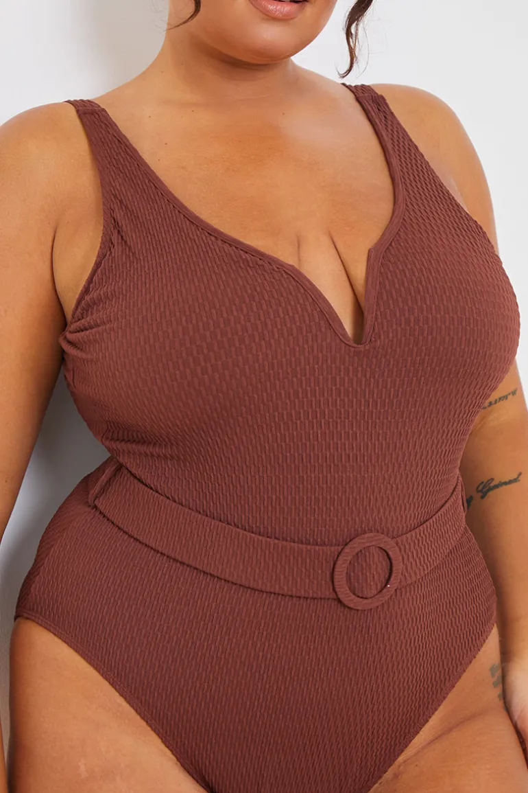 Textured Sweetheart Neckline Belted Swimsuit